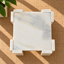 Load image into Gallery viewer, Blythe marble side table in Arctic Pearl with sculptural geometric base and genuine pearl white marble
