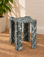 Load image into Gallery viewer, Blythe marble side table in Jade Frost with genuine green marble, white veining, and sculptural geometric base
