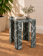 Load image into Gallery viewer, Blythe marble side table in Jade Frost with genuine green marble, white veining, and sculptural geometric base
