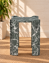 Load image into Gallery viewer, Blythe marble side table in Jade Frost with genuine green marble, white veining, and sculptural geometric base
