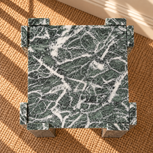 Load image into Gallery viewer, Blythe marble side table in Jade Frost with genuine green marble, white veining, and sculptural geometric base
