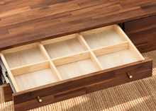 Load image into Gallery viewer, Image 4 of 4: Briar 3-drawer vanity desk in Warm Walnut with solid Acacia construction, compartmented drawer, black Iron legs, and Gold-tone pulls
