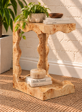 Load image into Gallery viewer, Brinley sculptural side table in natural Mappa burl with organic curves and open Art Deco-inspired frame
