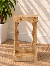 Load image into Gallery viewer, Brinley sculptural side table in natural Mappa burl with organic curves and open Art Deco-inspired frame
