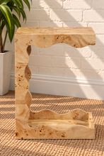 Load image into Gallery viewer, Brinley sculptural side table in natural Mappa burl with organic curves and open Art Deco-inspired frame
