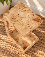 Load image into Gallery viewer, Brinley sculptural side table in natural Mappa burl with organic curves and open Art Deco-inspired frame
