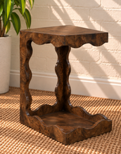 Load image into Gallery viewer, Brinley sculptural side table in rich walnut burl with curved open frame and Art Deco-inspired design
