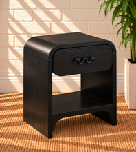 Load image into Gallery viewer, Byron charcoal wood nightstand with curved frame, drawer, matte black handle, and open lower shelf.
