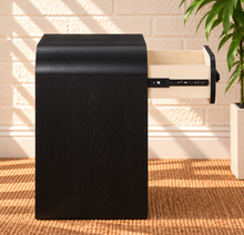 Load image into Gallery viewer, Byron charcoal wood nightstand with curved frame, drawer, matte black handle, and open lower shelf.
