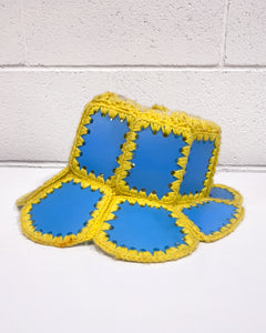 Vintage Yellow Crochet and Blue Plastic Hat