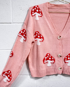 Pink Cardigan with Red Mushrooms (L)