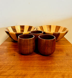 Vintage Two Tone Wooden Bowl 2 Toned Wooden Vertical Stripe Bowl and Cup Set