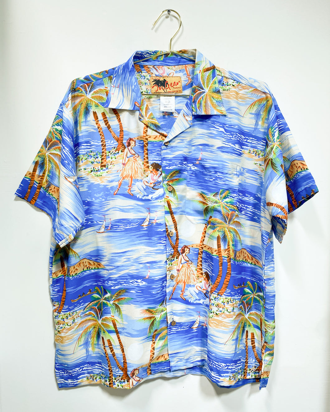 Vintage Blue Hula Girl Hawaiian Shirt (XL)