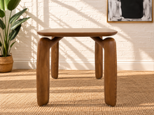 Load image into Gallery viewer, Cain rectangular dining table in warm walnut with rounded ash veneer top and four sculptural curved solid ash legs.
