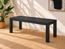 Load image into Gallery viewer, Callan rectangular solid acacia dining table in natural black with visible wood grain, clean edges and substantial square legs.
