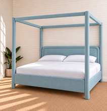 Load image into Gallery viewer, Callum king-size upholstered canopy bed frame in Misty Blue linen-textured fabric
