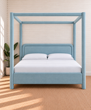 Load image into Gallery viewer, Callum king-size upholstered canopy bed frame in Misty Blue linen-textured fabric
