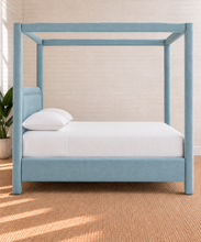Load image into Gallery viewer, Callum king-size upholstered canopy bed frame in Misty Blue linen-textured fabric
