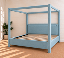 Load image into Gallery viewer, Callum king-size upholstered canopy bed frame in Misty Blue linen-textured fabric
