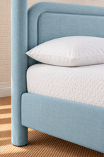Load image into Gallery viewer, Callum king-size upholstered canopy bed frame in Misty Blue linen-textured fabric
