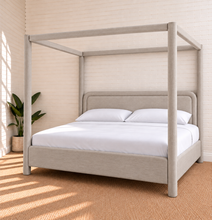 Load image into Gallery viewer, Callum king-size upholstered canopy bed frame in Mushroom Mist linen-textured fabric
