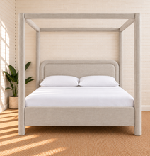 Load image into Gallery viewer, Callum king-size upholstered canopy bed frame in Mushroom Mist linen-textured fabric
