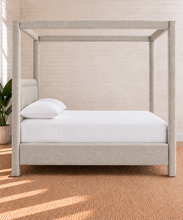 Load image into Gallery viewer, Callum king-size upholstered canopy bed frame in Mushroom Mist linen-textured fabric
