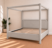 Load image into Gallery viewer, Callum king-size upholstered canopy bed frame in Mushroom Mist linen-textured fabric
