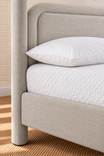 Load image into Gallery viewer, Callum king-size upholstered canopy bed frame in Mushroom Mist linen-textured fabric
