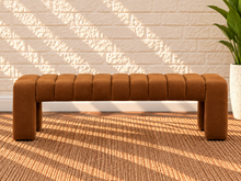 Load image into Gallery viewer, Camden upholstered dining bench in Toasted Cognac velvet with deep channel tufting and fully upholstered wood frame
