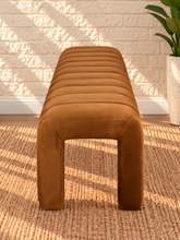 Load image into Gallery viewer, Camden upholstered dining bench in Toasted Cognac velvet with deep channel tufting and fully upholstered wood frame
