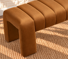 Load image into Gallery viewer, Camden upholstered dining bench in Toasted Cognac velvet with deep channel tufting and fully upholstered wood frame
