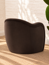 Load image into Gallery viewer, Capri lounge chair in Espresso performance velvet with curved barrel back, rounded arms, French piping, and pleated detailing
