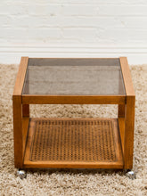 Load image into Gallery viewer, 1970’s Smoked Glass Side Table with Caning
