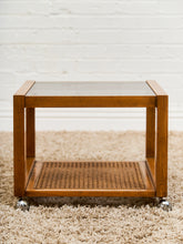 Load image into Gallery viewer, 1970’s Smoked Glass Side Table with Caning
