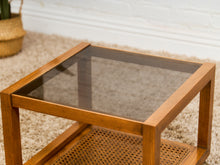 Load image into Gallery viewer, 1970’s Smoked Glass Side Table with Caning

