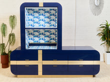 Load image into Gallery viewer, 1970’s Italian 2 Piece Post Modern Blue and Gold Hutch with Plinth Base
