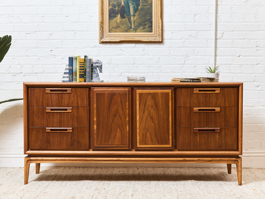 brown vintage dresser Restored Mid Century Modern Double Door 6 Drawer – Sunbeam Vintage grounding the desk with