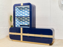 Load image into Gallery viewer, 1970’s Italian 2 Piece Post Modern Blue and Gold Hutch with Plinth Base
