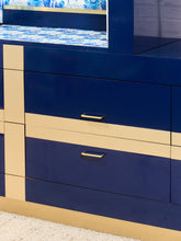 Load image into Gallery viewer, 1970’s Italian 2 Piece Post Modern Blue and Gold Hutch with Plinth Base
