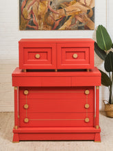 Load image into Gallery viewer, Vintage Mid Century Highboy Robot  Dresser in Poppy Red Orange
