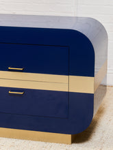 Load image into Gallery viewer, 1970’s Italian 2 Piece Post Modern Blue and Gold Hutch with Plinth Base
