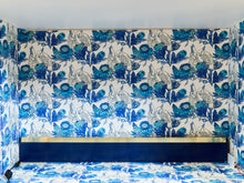 Load image into Gallery viewer, 1970’s Italian 2 Piece Post Modern Blue and Gold Hutch with Plinth Base
