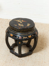 Load image into Gallery viewer, Vintage Black Lacquered Chinese Drum Table or Stool with Floral and Bird Motif
