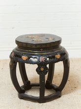 Load image into Gallery viewer, Vintage Black Lacquered Chinese Drum Table or Stool with Floral and Bird Motif
