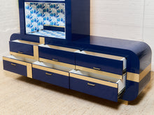 Load image into Gallery viewer, 1970’s Italian 2 Piece Post Modern Blue and Gold Hutch with Plinth Base
