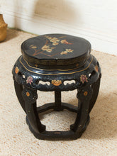 Load image into Gallery viewer, Vintage Black Lacquered Chinese Drum Table or Stool with Floral and Bird Motif
