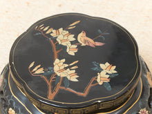 Load image into Gallery viewer, Vintage Black Lacquered Chinese Drum Table or Stool with Floral and Bird Motif
