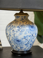 Load image into Gallery viewer, Blue and White Floral Ceramic Table Lamp with Charcoal Shade

