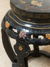 Load image into Gallery viewer, Vintage Black Lacquered Chinese Drum Table or Stool with Floral and Bird Motif
